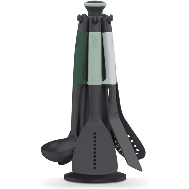 Joseph Joseph Elevate - Kitchen Tools & Gadgets Carousel 6 Piece Utensil Set With Rotating Stand, Ergonomic Silicone Handles, Non Stick Head - Sage Green, 12, 10540, 1 Year Warranty