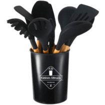 12 Pcs Silicone Cooking Utensils Kitchen Utensil Set - 446 Degree F Heat Resistant, Turner Tongs, Spatula, Spoon, Brush, Whisk, Wooden Handle Kitchen Gadgets With Holder For Nonstick Cookware (Black), 1 Year Warranty