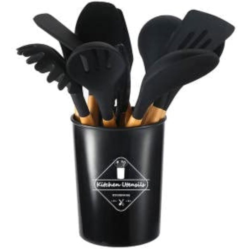 12 Pcs Silicone Cooking Utensils Kitchen Utensil Set - 446 Degree F Heat Resistant, Turner Tongs, Spatula, Spoon, Brush, Whisk, Wooden Handle Kitchen Gadgets With Holder For Nonstick Cookware (Black), 1 Year Warranty
