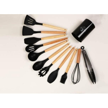 12 Pcs Silicone Cooking Utensils Kitchen Utensil Set - 446 Degree F Heat Resistant, Turner Tongs, Spatula, Spoon, Brush, Whisk, Wooden Handle Kitchen Gadgets With Holder For Nonstick Cookware (Black), 1 Year Warranty