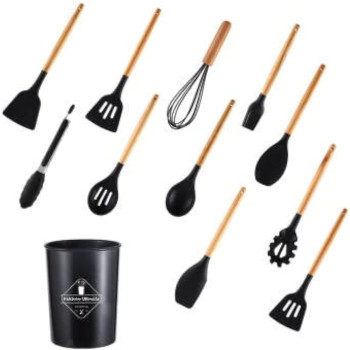12 Pcs Silicone Cooking Utensils Kitchen Utensil Set - 446 Degree F Heat Resistant, Turner Tongs, Spatula, Spoon, Brush, Whisk, Wooden Handle Kitchen Gadgets With Holder For Nonstick Cookware (Black), 1 Year Warranty