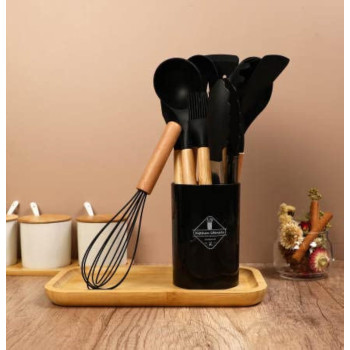 12 Pcs Silicone Cooking Utensils Kitchen Utensil Set - 446 Degree F Heat Resistant, Turner Tongs, Spatula, Spoon, Brush, Whisk, Wooden Handle Kitchen Gadgets With Holder For Nonstick Cookware (Black), 1 Year Warranty