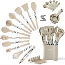 Eysoo Kitchen Cooking Utensils 34 Pcs Set Silicone Kitchen Gadgets Tools Set With Holder For Non-Stick Cookware Heat-Resistant Silicone Spatula Tools Set With Stainless Steel Handle (Beige), 1 Year Warranty
