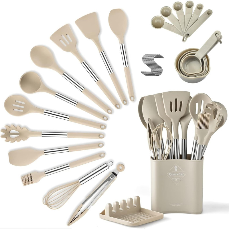 Eysoo Kitchen Cooking Utensils 34 Pcs Set Silicone Kitchen Gadgets Tools Set With Holder For Non-Stick Cookware Heat-Resistant Silicone Spatula Tools Set With Stainless Steel Handle (Beige), 1 Year Warranty