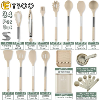 Eysoo Kitchen Cooking Utensils 34 Pcs Set Silicone Kitchen Gadgets Tools Set With Holder For Non-Stick Cookware Heat-Resistant Silicone Spatula Tools Set With Stainless Steel Handle (Beige), 1 Year Warranty