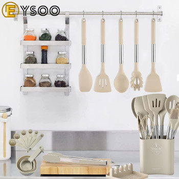Eysoo Kitchen Cooking Utensils 34 Pcs Set Silicone Kitchen Gadgets Tools Set With Holder For Non-Stick Cookware Heat-Resistant Silicone Spatula Tools Set With Stainless Steel Handle (Beige), 1 Year Warranty