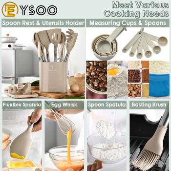 Eysoo Kitchen Cooking Utensils 34 Pcs Set Silicone Kitchen Gadgets Tools Set With Holder For Non-Stick Cookware Heat-Resistant Silicone Spatula Tools Set With Stainless Steel Handle (Beige), 1 Year Warranty