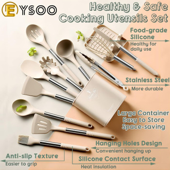 Eysoo Kitchen Cooking Utensils 34 Pcs Set Silicone Kitchen Gadgets Tools Set With Holder For Non-Stick Cookware Heat-Resistant Silicone Spatula Tools Set With Stainless Steel Handle (Beige), 1 Year Warranty