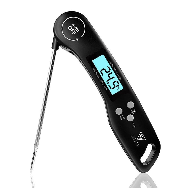 Doqaus Digital Meat Thermometer, Instant Read Food Thermometer With Backlight Lcd Screen, Foldable Long Probe & Auto On/Off, Meat Thermometer Probe For Kitchen, Bbq, Water, Milk, Cooking Food (Black), 1 Year Warranty