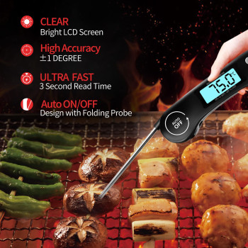 Doqaus Digital Meat Thermometer, Instant Read Food Thermometer With Backlight Lcd Screen, Foldable Long Probe & Auto On/Off, Meat Thermometer Probe For Kitchen, Bbq, Water, Milk, Cooking Food (Black), 1 Year Warranty
