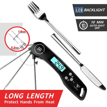 Doqaus Digital Meat Thermometer, Instant Read Food Thermometer With Backlight Lcd Screen, Foldable Long Probe & Auto On/Off, Meat Thermometer Probe For Kitchen, Bbq, Water, Milk, Cooking Food (Black), 1 Year Warranty
