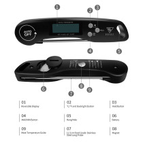 Doqaus Digital Meat Thermometer, Instant Read Food Thermometer With Backlight Lcd Screen, Foldable Long Probe & Auto On/Off, Meat Thermometer Probe For Kitchen, Bbq, Water, Milk, Cooking Food (Black), 1 Year Warranty