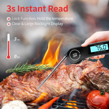 Doqaus Digital Meat Thermometer, Instant Read Food Thermometer With Backlight Lcd Screen, Foldable Long Probe & Auto On/Off, Meat Thermometer Probe For Kitchen, Bbq, Water, Milk, Cooking Food (Black), 1 Year Warranty