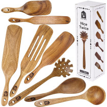 Nice Twice Kitchen Utensils Set - 8 Piece Natural Acacia Wooden Spatula Set - Heat Resistant Non Stick Wood Cookware For Stirring & Mixing, 1 Year Warranty