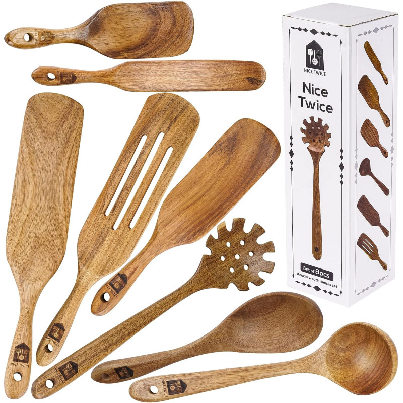 Nice Twice Kitchen Utensils Set - 8 Piece Natural Acacia Wooden Spatula Set - Heat Resistant Non Stick Wood Cookware For Stirring & Mixing, 1 Year Warranty
