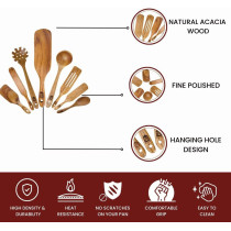 Nice Twice Kitchen Utensils Set - 8 Piece Natural Acacia Wooden Spatula Set - Heat Resistant Non Stick Wood Cookware For Stirring & Mixing, 1 Year Warranty