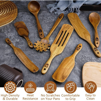 Nice Twice Kitchen Utensils Set - 8 Piece Natural Acacia Wooden Spatula Set - Heat Resistant Non Stick Wood Cookware For Stirring & Mixing, 1 Year Warranty