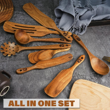 Nice Twice Kitchen Utensils Set - 8 Piece Natural Acacia Wooden Spatula Set - Heat Resistant Non Stick Wood Cookware For Stirring & Mixing, 1 Year Warranty