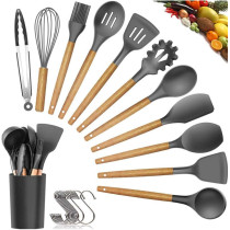 U-Hoome Silicone Cooking Utensils Kitchen Utensil Set - U-Hoome11 Pieces Natural Wooden Handles Cooking Tools Turner Tongs Spatula Spoon For Nonstick Cookware - Best Kitchen Tools (Bpa Free, Non Toxic), 1 Year Warranty