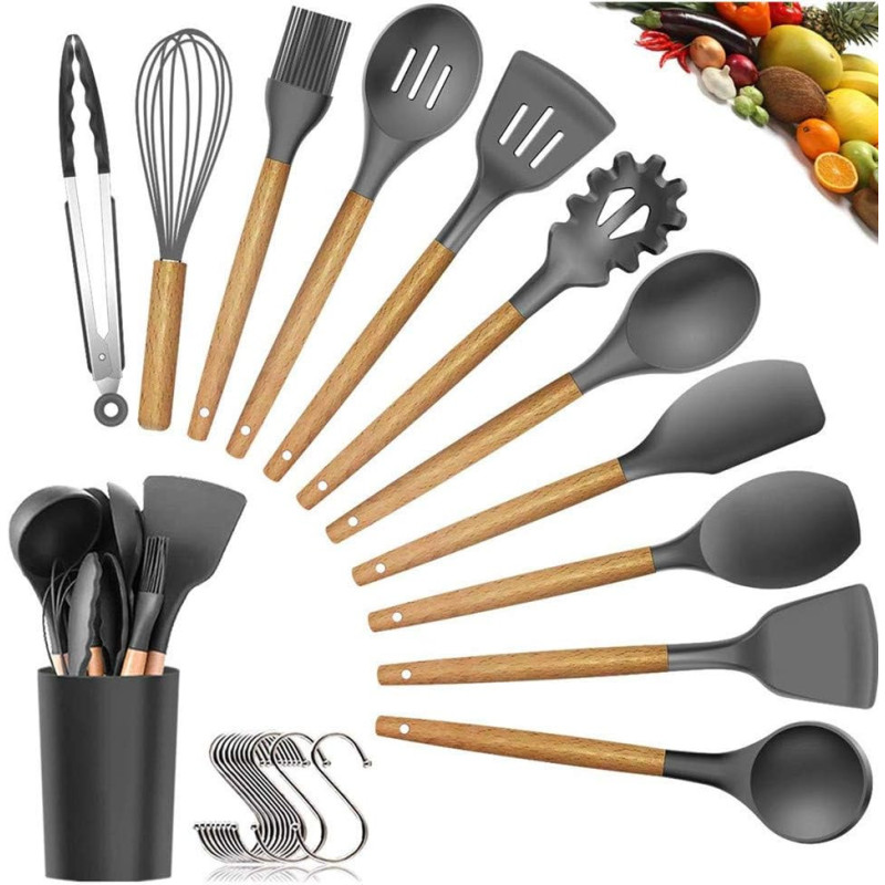 U-Hoome Silicone Cooking Utensils Kitchen Utensil Set - U-Hoome11 Pieces Natural Wooden Handles Cooking Tools Turner Tongs Spatula Spoon For Nonstick Cookware - Best Kitchen Tools (Bpa Free, Non Toxic), 1 Year Warranty