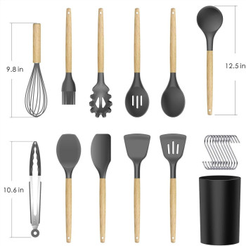 U-Hoome Silicone Cooking Utensils Kitchen Utensil Set - U-Hoome11 Pieces Natural Wooden Handles Cooking Tools Turner Tongs Spatula Spoon For Nonstick Cookware - Best Kitchen Tools (Bpa Free, Non Toxic), 1 Year Warranty