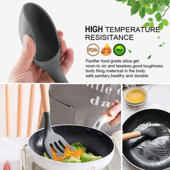 U-Hoome Silicone Cooking Utensils Kitchen Utensil Set - U-Hoome11 Pieces Natural Wooden Handles Cooking Tools Turner Tongs Spatula Spoon For Nonstick Cookware - Best Kitchen Tools (Bpa Free, Non Toxic), 1 Year Warranty