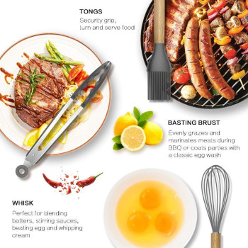 U-Hoome Silicone Cooking Utensils Kitchen Utensil Set - U-Hoome11 Pieces Natural Wooden Handles Cooking Tools Turner Tongs Spatula Spoon For Nonstick Cookware - Best Kitchen Tools (Bpa Free, Non Toxic), 1 Year Warranty