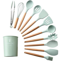 Newsun 12 Pcs Kitchen Utensil Set Silicone Cooking Utensils Kit Spatula Heat Resistant Wooden Spoons Gadgets Tool For Non-Stick Cookware (Light Green), 1 Year Warranty