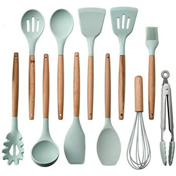 Newsun 12 Pcs Kitchen Utensil Set Silicone Cooking Utensils Kit Spatula Heat Resistant Wooden Spoons Gadgets Tool For Non-Stick Cookware (Light Green), 1 Year Warranty