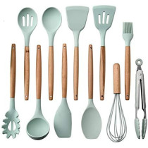 Newsun 12 Pcs Kitchen Utensil Set Silicone Cooking Utensils Kit Spatula Heat Resistant Wooden Spoons Gadgets Tool For Non-Stick Cookware (Light Green), 1 Year Warranty