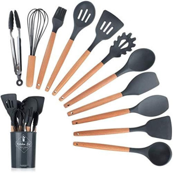 Newsun 12 Pcs Kitchen Utensil Set Silicone Cooking Utensils Kit Spatula Heat Resistant Wooden Spoons Gadgets Tool For Non-Stick Cookware (Light Green), 1 Year Warranty