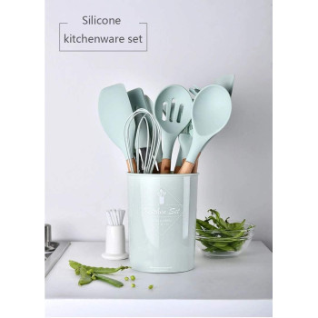 Newsun 12 Pcs Kitchen Utensil Set Silicone Cooking Utensils Kit Spatula Heat Resistant Wooden Spoons Gadgets Tool For Non-Stick Cookware (Light Green), 1 Year Warranty