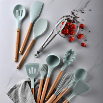 Newsun 12 Pcs Kitchen Utensil Set Silicone Cooking Utensils Kit Spatula Heat Resistant Wooden Spoons Gadgets Tool For Non-Stick Cookware (Light Green), 1 Year Warranty