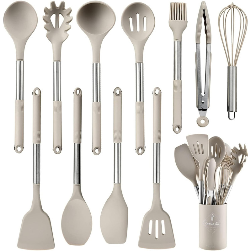 Antole Kitchen Cooking Utensils Set, 12 Pcs Set Silicone Kitchen Gadgets Tools Set With Holder, For Non-Stick Cookware Heat-Resistant Silicone Spatula Tools Set With Stainless Steel Handle, 1 Year Warranty