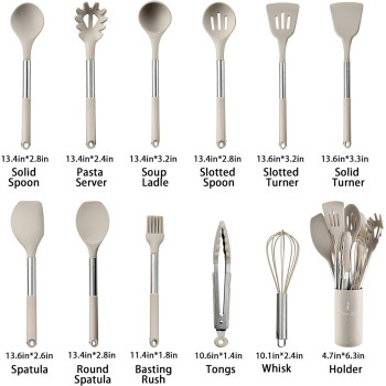 Antole Kitchen Cooking Utensils Set, 12 Pcs Set Silicone Kitchen Gadgets Tools Set With Holder, For Non-Stick Cookware Heat-Resistant Silicone Spatula Tools Set With Stainless Steel Handle, 1 Year Warranty