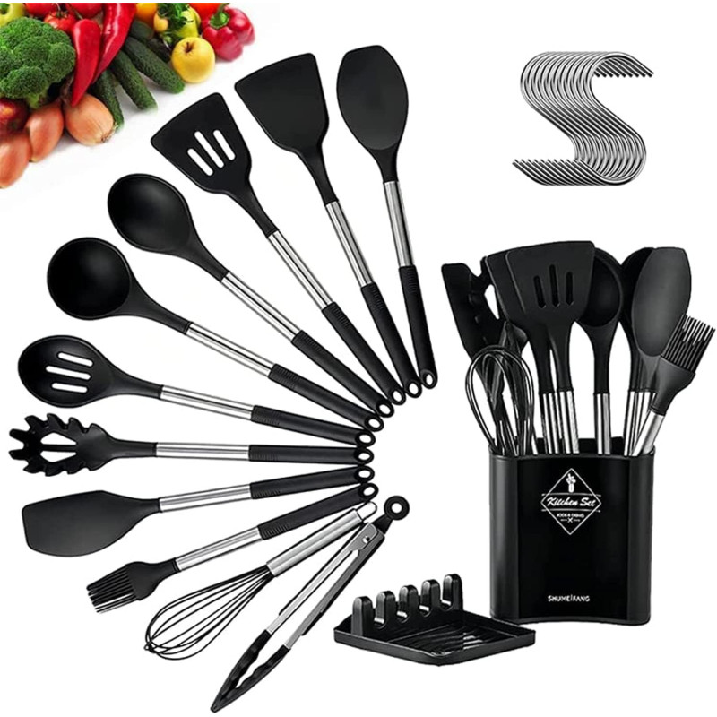 Arabest Silicone Stainless Steel Handles Cooking Utensil Set,Arabest 14Pcs Silicone Kitchen Utensil Set With Hooks For Nonstick Cookware,Non Toxic Heat Resistant Kitchen Tools With Storage Bucket And Lid Rest, 1 Year Warranty