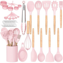 Archaeopteryx Kitchen Cooking Utensils Set, 35 Pcs Non-Stick Silicone Kitchen Utensils Spatula Set With Holder, Wooden Handle Silicone Kitchen Heat Resistant Gadgets Utensil Set (Pink), 1 Year Warranty