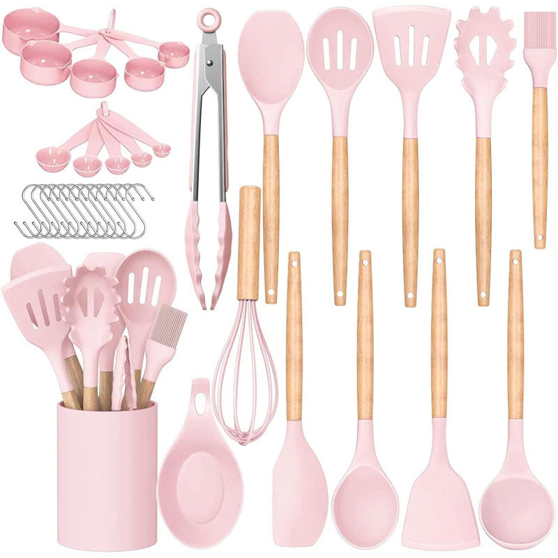 Archaeopteryx Kitchen Cooking Utensils Set, 35 Pcs Non-Stick Silicone Kitchen Utensils Spatula Set With Holder, Wooden Handle Silicone Kitchen Heat Resistant Gadgets Utensil Set (Pink), 1 Year Warranty