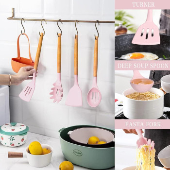 Archaeopteryx Kitchen Cooking Utensils Set, 35 Pcs Non-Stick Silicone Kitchen Utensils Spatula Set With Holder, Wooden Handle Silicone Kitchen Heat Resistant Gadgets Utensil Set (Pink), 1 Year Warranty
