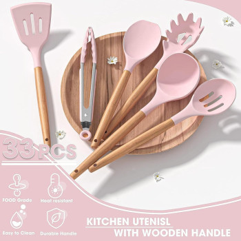 Archaeopteryx Kitchen Cooking Utensils Set, 35 Pcs Non-Stick Silicone Kitchen Utensils Spatula Set With Holder, Wooden Handle Silicone Kitchen Heat Resistant Gadgets Utensil Set (Pink), 1 Year Warranty