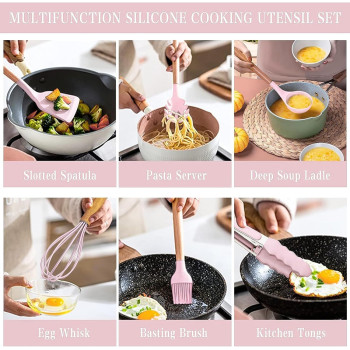 Archaeopteryx Kitchen Cooking Utensils Set, 35 Pcs Non-Stick Silicone Kitchen Utensils Spatula Set With Holder, Wooden Handle Silicone Kitchen Heat Resistant Gadgets Utensil Set (Pink), 1 Year Warranty