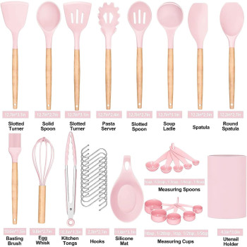 Archaeopteryx Kitchen Cooking Utensils Set, 35 Pcs Non-Stick Silicone Kitchen Utensils Spatula Set With Holder, Wooden Handle Silicone Kitchen Heat Resistant Gadgets Utensil Set (Pink), 1 Year Warranty