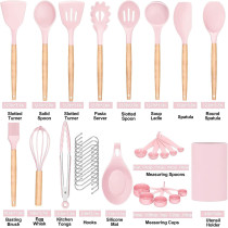 Archaeopteryx Kitchen Cooking Utensils Set, 35 Pcs Non-Stick Silicone Kitchen Utensils Spatula Set With Holder, Wooden Handle Silicone Kitchen Heat Resistant Gadgets Utensil Set (Pink), 1 Year Warranty