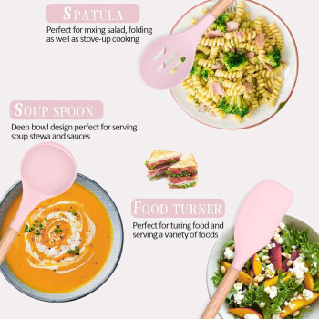 Archaeopteryx Kitchen Cooking Utensils Set, 35 Pcs Non-Stick Silicone Kitchen Utensils Spatula Set With Holder, Wooden Handle Silicone Kitchen Heat Resistant Gadgets Utensil Set (Pink), 1 Year Warranty