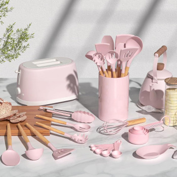 Archaeopteryx Kitchen Cooking Utensils Set, 35 Pcs Non-Stick Silicone Kitchen Utensils Spatula Set With Holder, Wooden Handle Silicone Kitchen Heat Resistant Gadgets Utensil Set (Pink), 1 Year Warranty