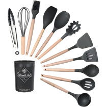Vaodo Cooking Utensil Set, 11 Pieces Kitchen Cooking Tools With Wood Holder, Collection For Turner Tongs, Spatula, Spoon, Brush, Whisk, Black, 1 Year Warranty