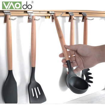 Vaodo Cooking Utensil Set, 11 Pieces Kitchen Cooking Tools With Wood Holder, Collection For Turner Tongs, Spatula, Spoon, Brush, Whisk, Black, 1 Year Warranty