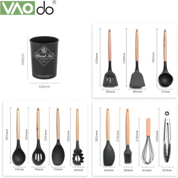 Vaodo Cooking Utensil Set, 11 Pieces Kitchen Cooking Tools With Wood Holder, Collection For Turner Tongs, Spatula, Spoon, Brush, Whisk, Black, 1 Year Warranty