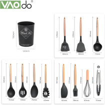Vaodo Cooking Utensil Set, 11 Pieces Kitchen Cooking Tools With Wood Holder, Collection For Turner Tongs, Spatula, Spoon, Brush, Whisk, Black, 1 Year Warranty
