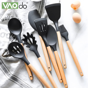 Vaodo Cooking Utensil Set, 11 Pieces Kitchen Cooking Tools With Wood Holder, Collection For Turner Tongs, Spatula, Spoon, Brush, Whisk, Black, 1 Year Warranty
